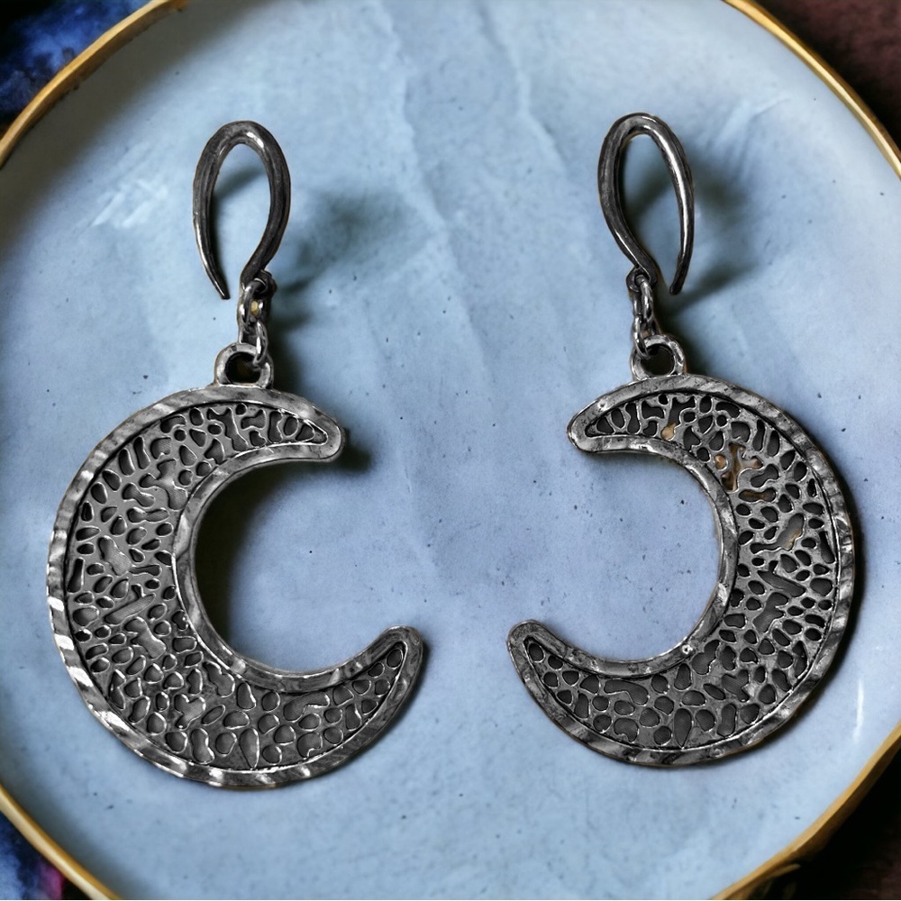 Handmade Large Silver Crescent Moon Ear Weights Filigree Gauged Earrings